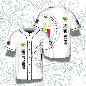 Custom Philippines Baseball Jersey – White Seal & Flag, Your Name on Back, Unisex Pinoy Pride Gift