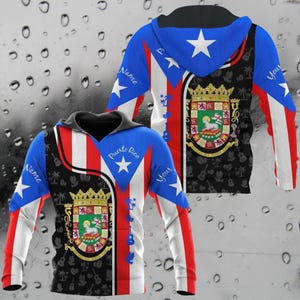 Custom Puerto Rico Hoodie – Personalized Name, Flag Split & Coat of Arms, Boricua Pride Pullover