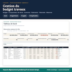 Peut inclure: Un modèle de tableur numérique pour la gestion de budget de travaux comprenant un tableau de bord avec des résumés financiers, des indicateurs de suivi de projet et des tableaux de dépenses détaillés pour le suivi des devis et paiements.