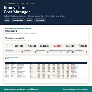 Peut inclure: Un modèle de feuille de calcul numérique Renovation Cost Manager pour Excel et Google Sheets. L'interface affiche un tableau de bord avec le suivi du budget, des prévisions et des paiements, ainsi qu'un tableau budgétaire détaillé.