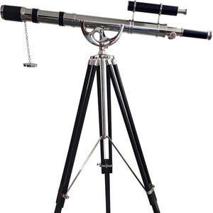 Vintage Chrome Telescope: Nautical Decor with Adjustable Wooden Tripod