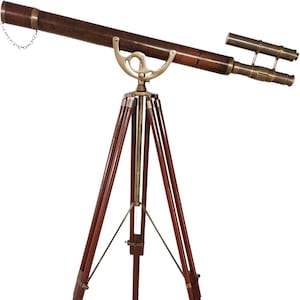 Vintage Brass Telescope: Nautical Floor Standing Tripod, Leather Wrapped Tube