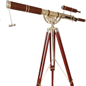 Vintage Brass Nautical Telescope: Handmade Leather-Wrapped Wooden Tripod