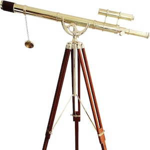 Nautical Marine Floor Standing Wooden Tripod Vintage Double Barrel Shiny Brass Telescope Handicraft Anchor Master Brown Leather