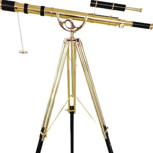 Vintage Brass Telescope with Adjustable Wooden Tripod - 64x Magnification