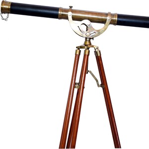 Antique Brass Harbor Master Telescope: Teak Tripod, Vintage Leather