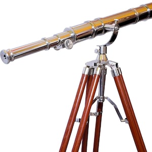 Personalized Nautical Brass Telescope: Chrome Finish, Wooden Tripod, 27&#39;&#39; Home Decor