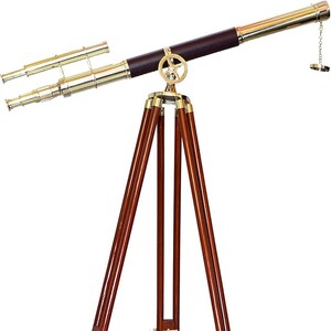 Vintage Brass Double Barrel Telescope on Adjustable Wooden Stand