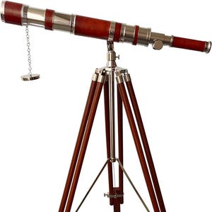 Vintage Brass Nautical Wooden Floor Standing Brown Tripod Chrome Finish Telescope Single Barrel Beautiful Red Leather Coverd Tube Telescope
