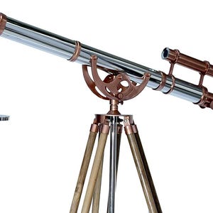 Nautical Telescope Shiny Chrome/Copper Finish Double Barrel Martime Natural Wooden Teak Tripod