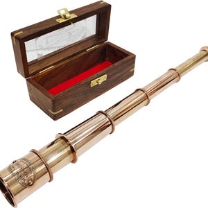 Nautical Spyglass with Wooden Glass Cover Box Vintage Marine Sailor Telescope Shiny Copper Antique Telescope Vintage Marine Sailor Telescope