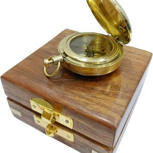 Vintage Nautical Decor Brass Sundial Compass with Wooden Box