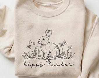 Sudadera de conejito de Pascua, camiseta minimalista de conejito, bonito suéter de Pascua, regalo de conejito de flores silvestres para ella, conjunto estético de cuello redondo primaveral.