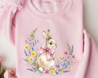 Sudadera con estampado floral de conejo de Pascua, suéter retro de Pascua, suéter con lazo de conejo, bonito regalo floral de conejo para Pascua.