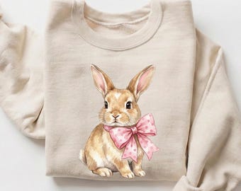 Sudadera de conejito de Pascua, suéter retro de Pascua, suéter con lazo de conejito, bonito regalo de conejito de acuarela, cuello redondo de conejito con lazo rosa