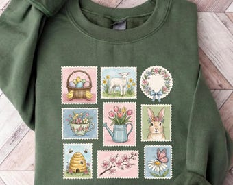 Suéter de Pascua estilo cottagecore, camisa botánica con diseño de conejo, cuello redondo de primavera con sello vintage, bonito regalo de Pascua para mujer, top con temática natural.