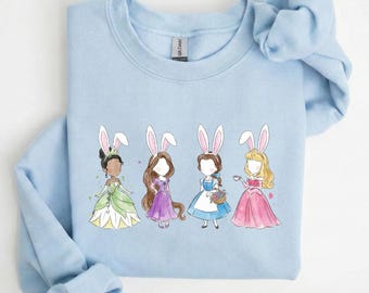 Sudadera de princesa de Pascua, suéter con orejas de conejo de acuarela, regalo de Pascua de cuento de hadas para ella, top de cuello redondo de conejo mágico