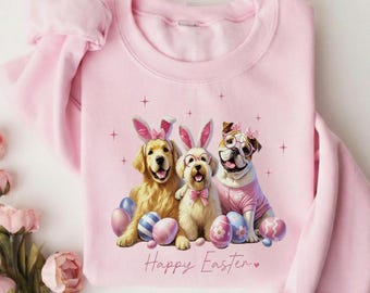 Sudadera con perro de Pascua, linda camiseta con orejas de conejo golden retriever, cuello redondo con estampado de huevos de Pascua, regalo para amantes de los cachorros.