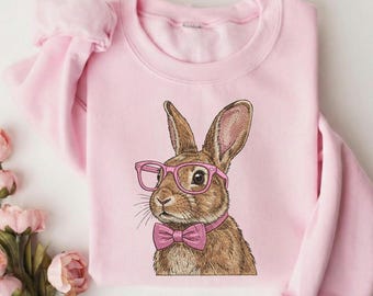 Sudadera de conejo con gafas, cuello redondo de conejo nerd, camisa de conejo con pajarita rosa, bonito regalo de Pascua, top con estampado de animales