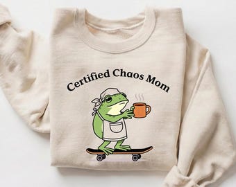 Sudadera con capucha "Mamá Caótica Certificada", sudadera con capucha "Rana Divertida" y monopatín, cuello redondo "Mamá Sarcástica", camiseta con rana y estética "Weirdcore".