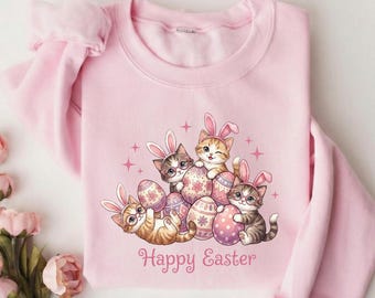 Sudadera con gatito de Pascua, linda camiseta de gato con orejas de conejo, cuello redondo con gatito de Pascua, regalo de primavera para amantes de los gatos