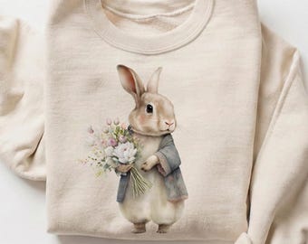 Sudadera de conejito de Pascua, conejo realista con ramo de flores silvestres, suéter de primavera estilo cottagecore, regalo para amantes de la naturaleza, top estético