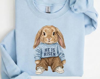 Sudadera "Él ha resucitado", suéter cristiano de Pascua, linda camiseta de conejito, regalo religioso para ella, cuello redondo con fe estética