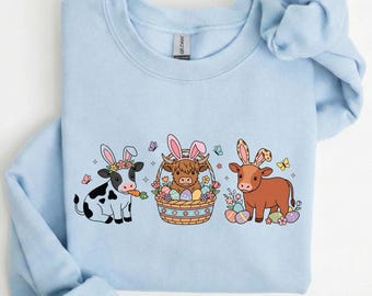 Sudadera de vaca de Pascua, linda camiseta de vaquilla para el día de Pascua, suéter divertido de animales de Pascua, regalo de vaca de las Tierras Altas para Pascua, top de primavera