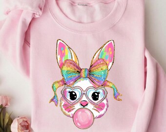 Sudadera de conejito de Pascua, suéter de conejo de chicle, lazo arcoíris para ella, bonito jersey de primavera.