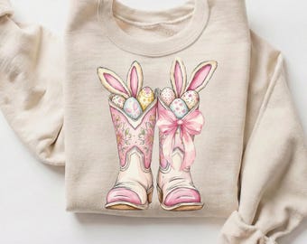 Sudadera de Pascua "Hola", suéter con botas vaqueras de conejo del oeste, lazo rosa como regalo de Pascua para ella, cuello redondo retro de primavera del oeste, top estético
