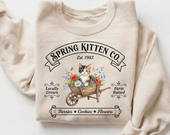 Sudadera con Gato para el Día de Pascua, Suéter Vintage Spring Kitten Co, Regalo para Mamá Gatita, Cuello Redondo Estilo Granja Retro, Top Estético, Atuendo Navideño