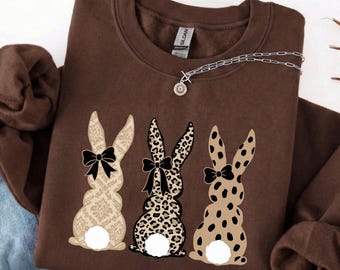 Sudadera de conejito de leopardo, suéter de Pascua con lazo coqueto, cuello redondo de conejo lindo para mujer, regalo de primavera neutro, top de conejito bohemio
