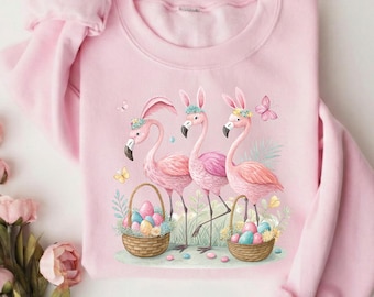 Sudadera de flamencos de Pascua, suéter tropical de conejo de Pascua, top rosa de flamencos de conejo, regalo estético de primavera, cuello redondo de Pascua