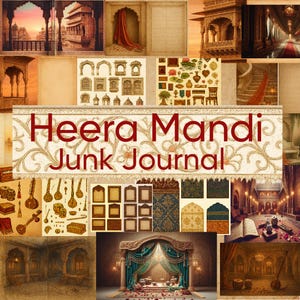 Könnte beinhalten: Eine Collage von Bildern im Vintage-Stil mit einem zentralen Banner mit der Aufschrift "Heera Mandi Junk Journal". Die Bilder zeigen architektonische Details, Musikinstrumente und dekorative Elemente in warmen, erdigen Farbtönen.