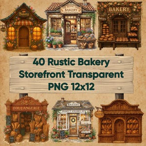 Puede incluir: Una colección de ilustraciones en acuarela de escaparates de panaderías rústicas. Las imágenes presentan varios estilos arquitectónicos, con letreros que dicen "Bakery", "The Rustic Oven Bakery" y "Granny's Kneaded Joy". También está presente el texto "40 Rustic Bakery Storefront Transparent PNG 12x12".