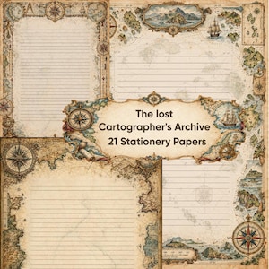Puede incluir: Una colección de papel de carta titulada The lost Cartographer's Archive 21 Stationery Papers, con mapas antiguos, rosas de los vientos, barcos de vela e ilustraciones costeras con líneas horizontales sobre pergamino envejecido.