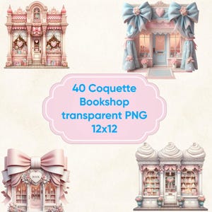 Puede incluir: Cuatro ilustraciones de librerías estilo coquette en tonos rosa, blanco y azul. Las imágenes presentan lazos decorativos, detalles florales y el texto "40 Coquette Bookshop transparent PNG 12x12". Las librerías tienen detalles arquitectónicos ornamentados.