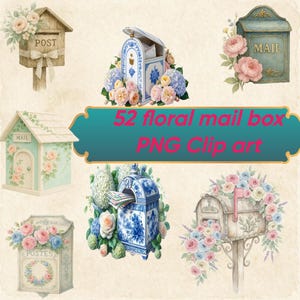 May include: Watercolor illustrations of various floral mailboxes. The mailboxes are in different styles, including a wooden post box, a house-shaped mailbox, and a classic metal mailbox. The image includes the text "52 floral mail box PNG Clip art".