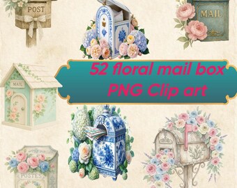 Watercolor Floral Mailbox Clipart Bundle | Transparent PNG | Vintage shabby chic Cottage core Junk Journal Scrapbooking sublimation