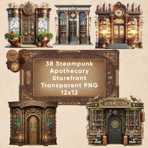 Puede incluir: Una colección de 38 imágenes PNG transparentes de escaparates de boticarios Steampunk. Las imágenes presentan diseños detallados de escaparates con intrincados mecanismos de relojería y elementos arquitectónicos de la época victoriana. El texto de la imagen dice "38 Steampunk Apothecary Storefront Transparent PNG 12x12".