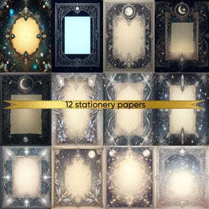 Puede incluir: Doce papeles de papelería decorativos con marcos ornamentados de temática celestial. Cada papel presenta un diseño único con lunas, estrellas y detalles intrincados. El texto "12 stationery papers" se muestra.