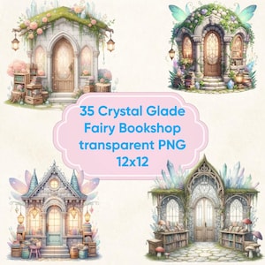 Puede incluir: Ilustración digital con cuatro diseños de librería de hadas. Las tiendas tienen paredes de piedra, puertas arqueadas y detalles de cristal. El texto "35 Crystal Glade Fairy Bookshop transparent PNG 12x12" se muestra en una nube rosa.