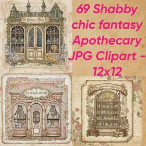 May include: A collage of four vintage-style apothecary illustrations. The images feature detailed drawings of shops, shelves filled with bottles, and floral accents. Text includes "The Elixir & Herb Co," "The Herbal Haven," and "The Grimoire's Garden."