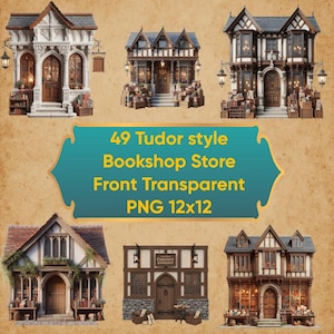 Puede incluir: Imagen compuesta de seis fachadas de librerías de estilo Tudor. Los edificios presentan detalles arquitectónicos, como vigas de madera, detalles de piedra y múltiples ventanas. Se incluye el texto "49 Tudor style Bookshop Store Front Transparent PNG 12x12".