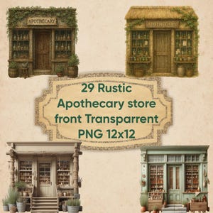 Puede incluir: Cuatro ilustraciones de fachadas de tiendas de boticario rústicas. Cada fachada presenta un diseño único con puertas de madera, ventanas y estanterías llenas de botellas. La imagen incluye el texto "29 Rustic Apothecary store front Transparent PNG 12x12".