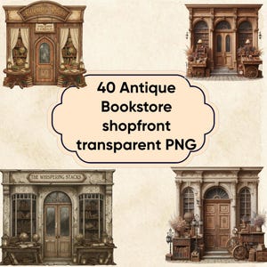 Puede incluir: Cuatro ilustraciones en acuarela de fachadas de librerías antiguas. Cada fachada presenta puertas de madera, ventanas y estanterías llenas de libros. La imagen incluye el texto "40 Antique Bookstore shopfront transparent PNG".