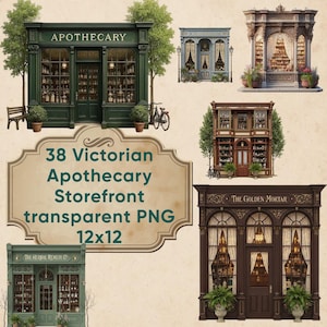 May include: A digital art collection featuring 38 Victorian apothecary storefronts. The image showcases various detailed illustrations of vintage shops with the text "APOTHECARY", "THE HERBAL REMEDY C", and "THE GOLDEN MORTAR". The storefronts are 12x12 inches in size.