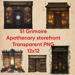 Puede incluir: Cinco ilustraciones detalladas de escaparates de boticarios, con diseños ornamentados y los textos "The Alchemist's Scroll", "Apothecary", "Grimoire Apothecary" y "Occult Apothecary". La imagen también incluye el texto "51 Grimoire Apothecary storefront Transparent PNG 12x12".