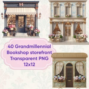 Puede incluir: Cuatro ilustraciones de escaparates de librerías grandmillennial. Los escaparates presentan toldos, jardineras y elementos arquitectónicos detallados. La imagen incluye el texto "40 Grandmillennial Bookshop storefront Transparent PNG 12x12".