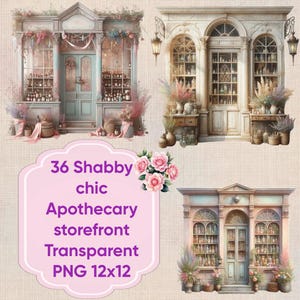 Puede incluir: Colección de escaparates de farmacia en acuarela de estilo shabby chic. Las imágenes presentan colores pastel, detalles florales y el texto "36 Shabby chic Apothecary storefront Transparent PNG 12x12".